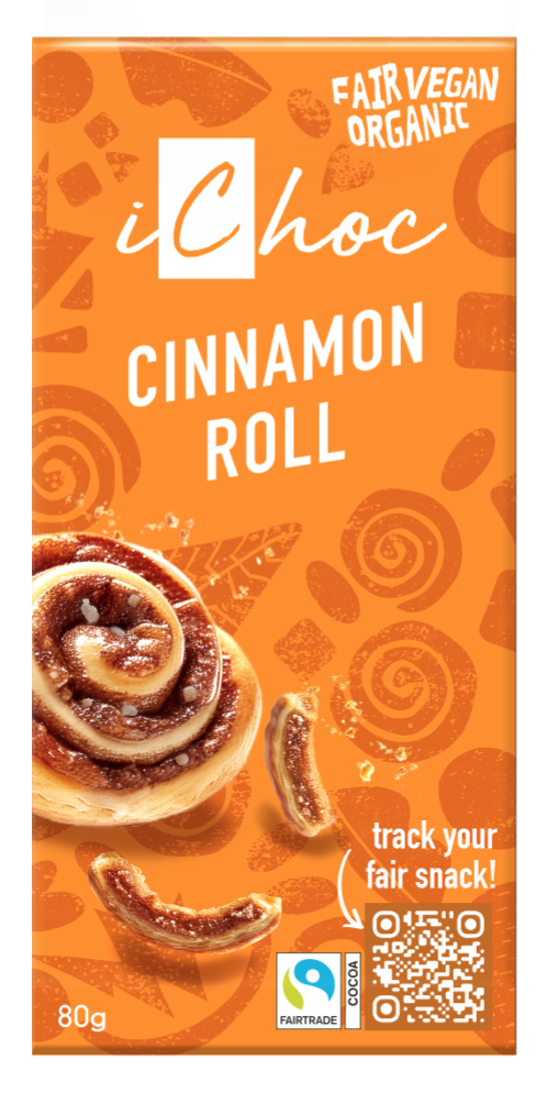 Lys sjokolade cinnamon roll,80 g, økologisk, iChoc