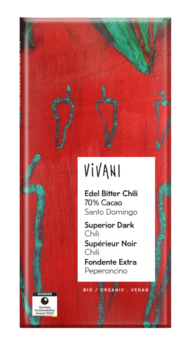 Mørk sjokolade m/chili, 80 g, økologisk, Vivani