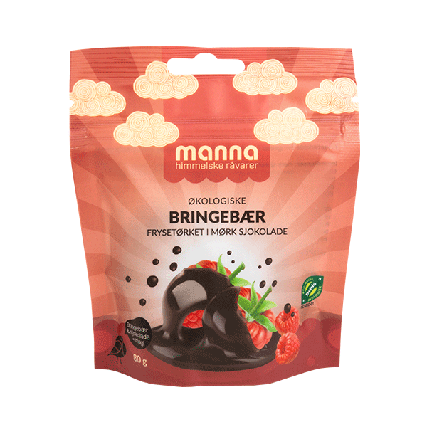 Bringebær m/mørk sjokolade, 80 g, økologisk, Manna