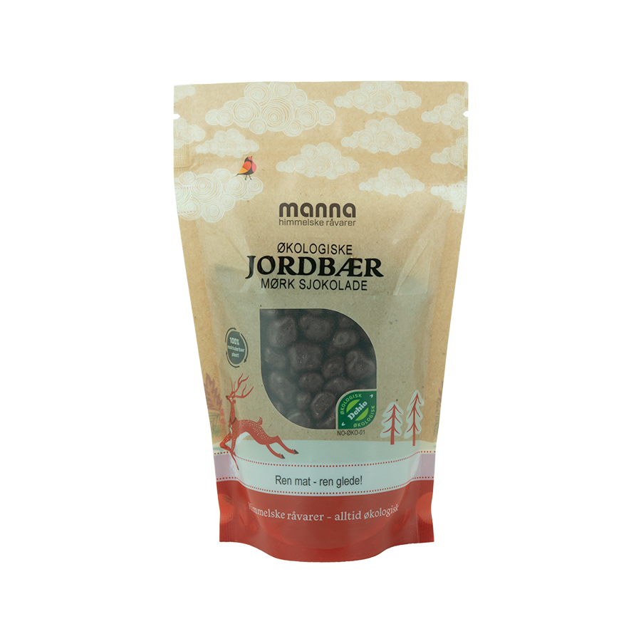 Jordbær m/mørk sjokolade, 250 g, økologisk, Manna