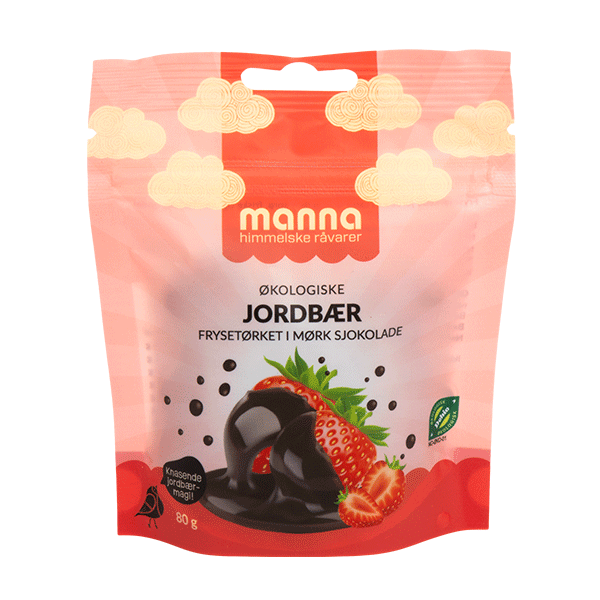 Jordbær m/mørk sjokolade, 80 g, økologisk, Manna