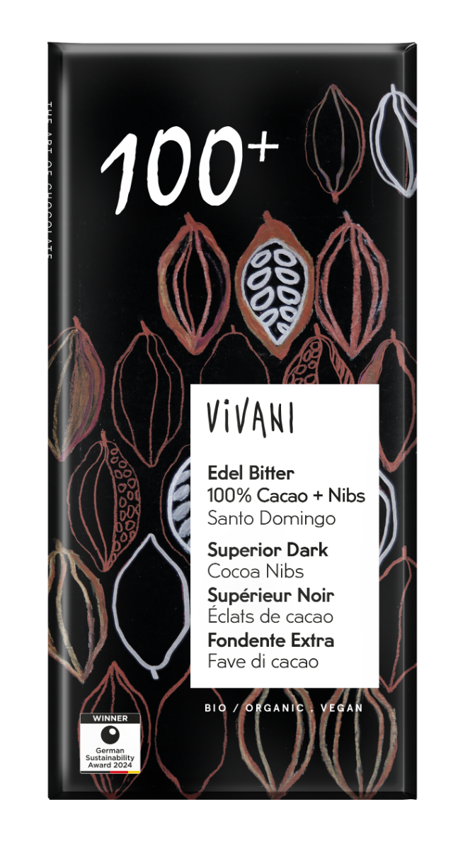 Mørk sjokolade m/kakaonibs, 100%, 80 g, økologisk, Vivani