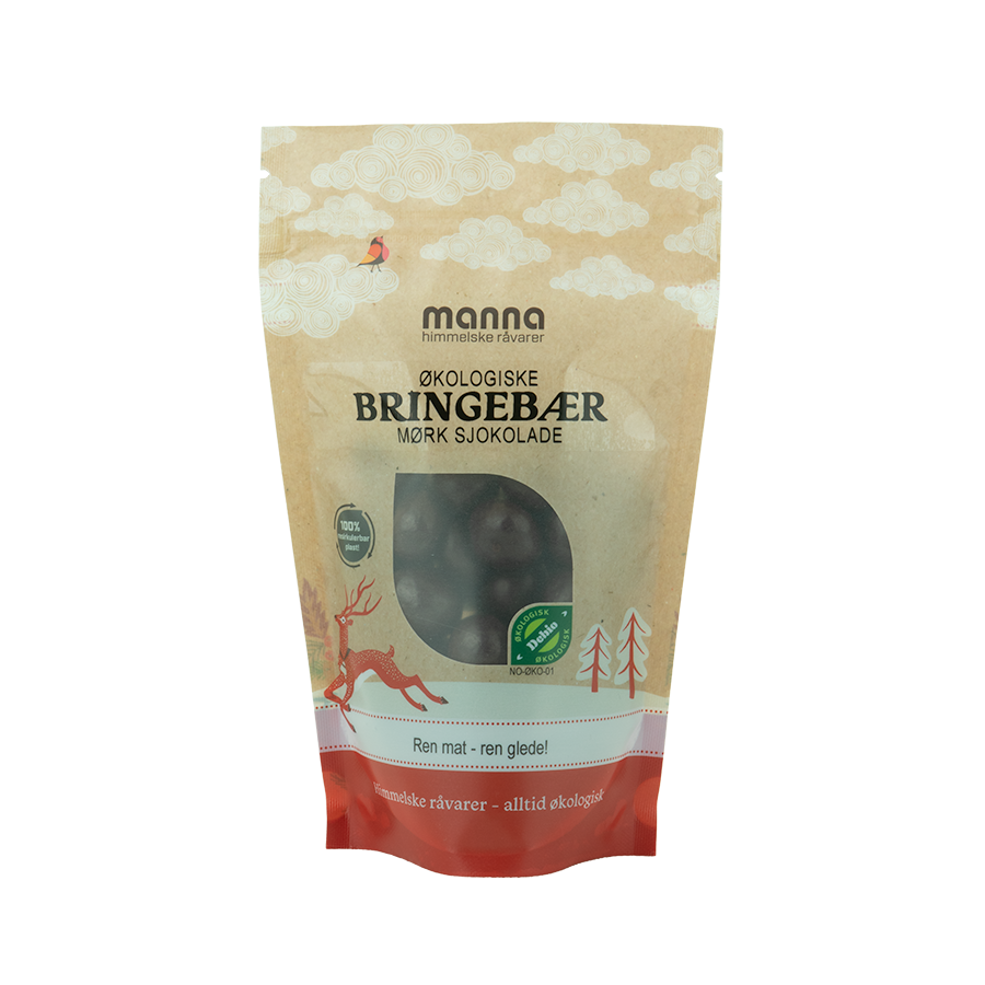 Bringebær m/mørk sjokolade, 200g, økologisk, Manna