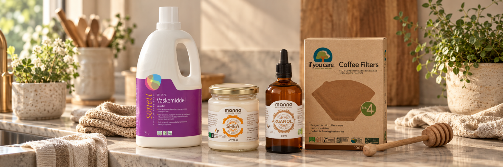 Naturlige produkter til hus og hjem, med vaskemiddel fra Sonett, hudpleie og kaffefilter.