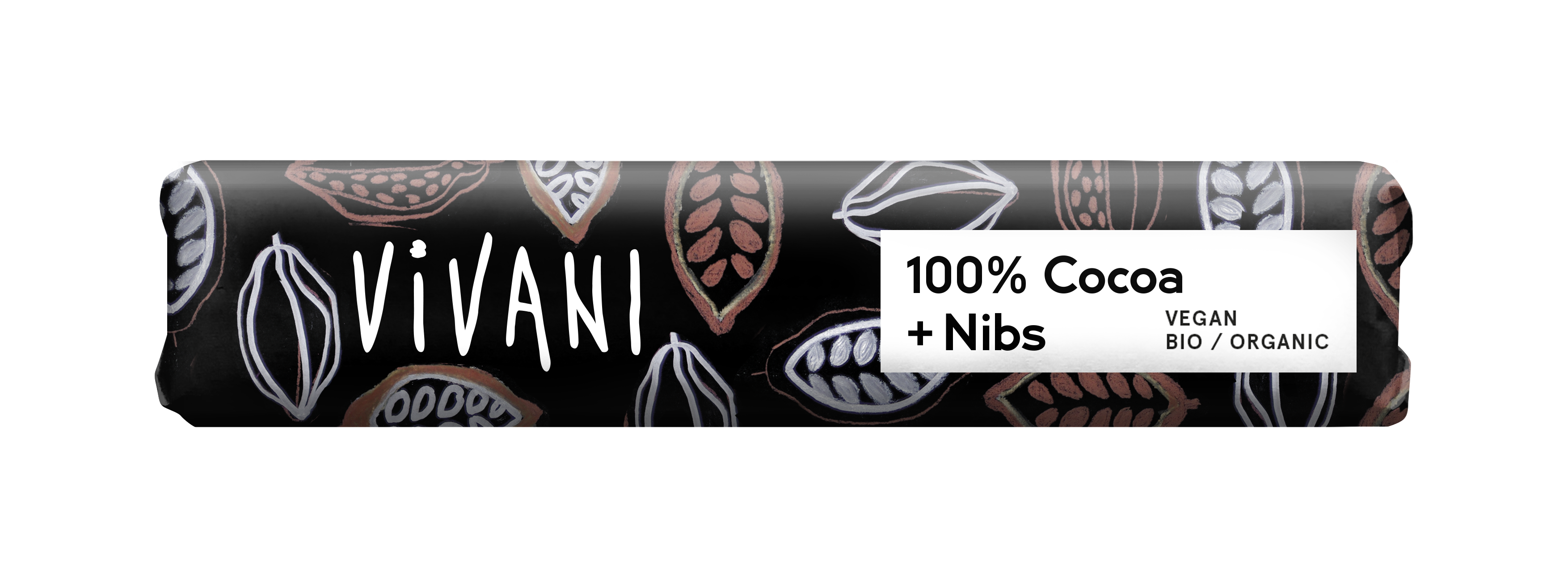 Mørk sjokolade 100% m/kakaonibs, 25 g, økologisk, Vivani