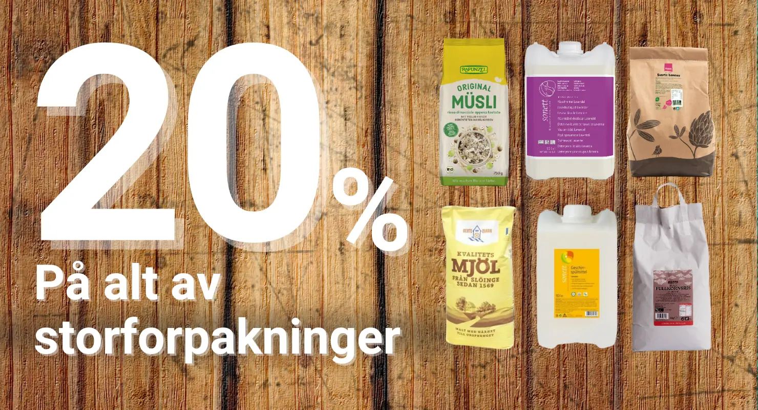 20% rabatt på storforpakninger - Hos Økoland